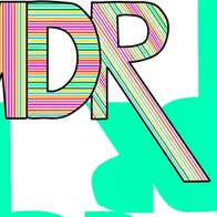 3 Large letters filled with thin multicoloured lines against bright white or green shaped background.
