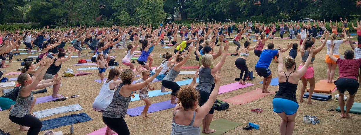 View of a large park area with hundreds of people spread out with yoga mats, all standing in a yoga pose.