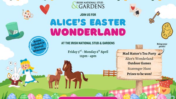 Cartoon style poster for Alice's Easter Wonderland at Irish National Stud with horses, eggs and Alice in Wonderland items