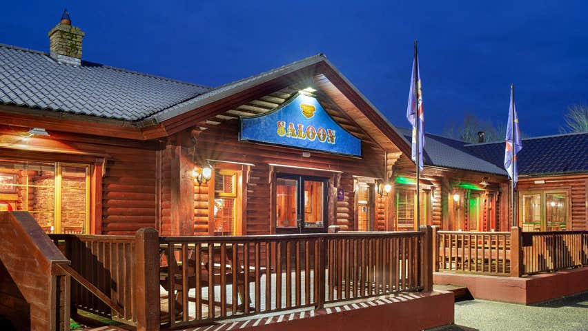 A view of the exterior of the building at night