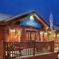 A view of the exterior of the building at night