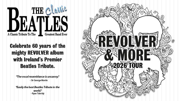 Poster for The Classic Beatles, Revolver & More Tour with text and black and white patterned background overlaid with outline of 4 heads of hair in white