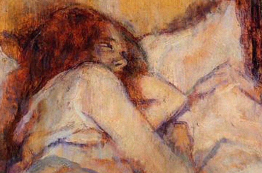 Painting in shades of brown and yellow of figure sleeping on white pillow and sheets.