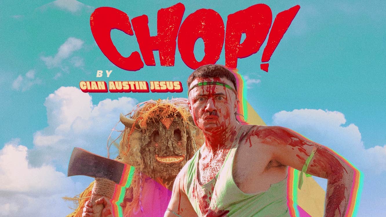 A shocked looking man holding an axe with his head and shoulders covered in blood