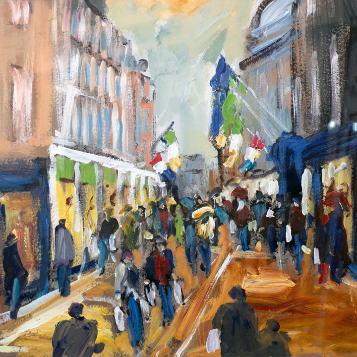 Painting of people walking in a busy street with flags flying from buildings