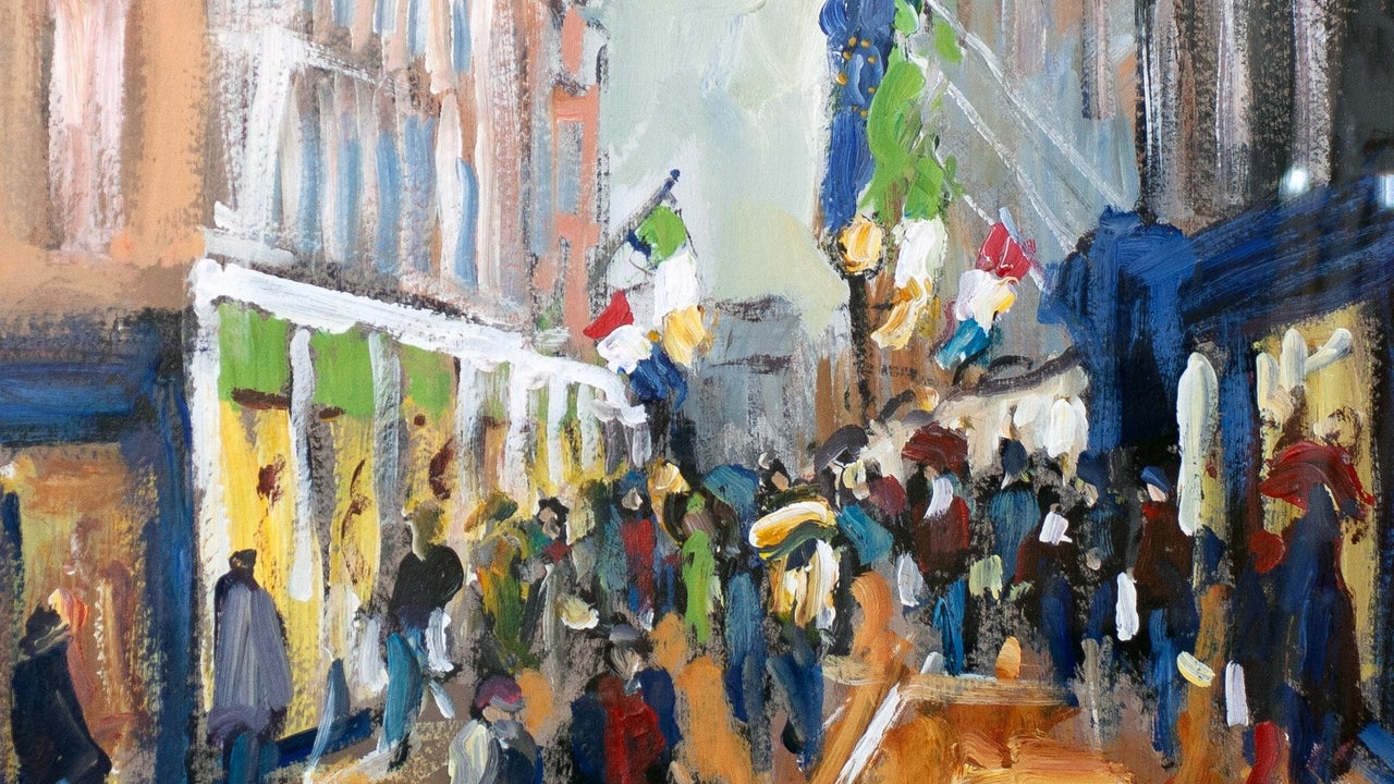 Painting of people walking in a busy street with flags flying from buildings