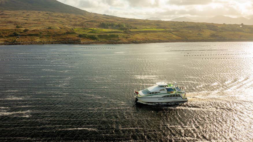 Aerial view of a boat cruising in Killary Fjord in Co Galway
