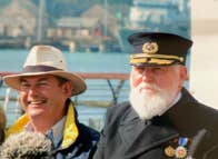 Titanic Trail tour guide with an actor posing as Captain Smith