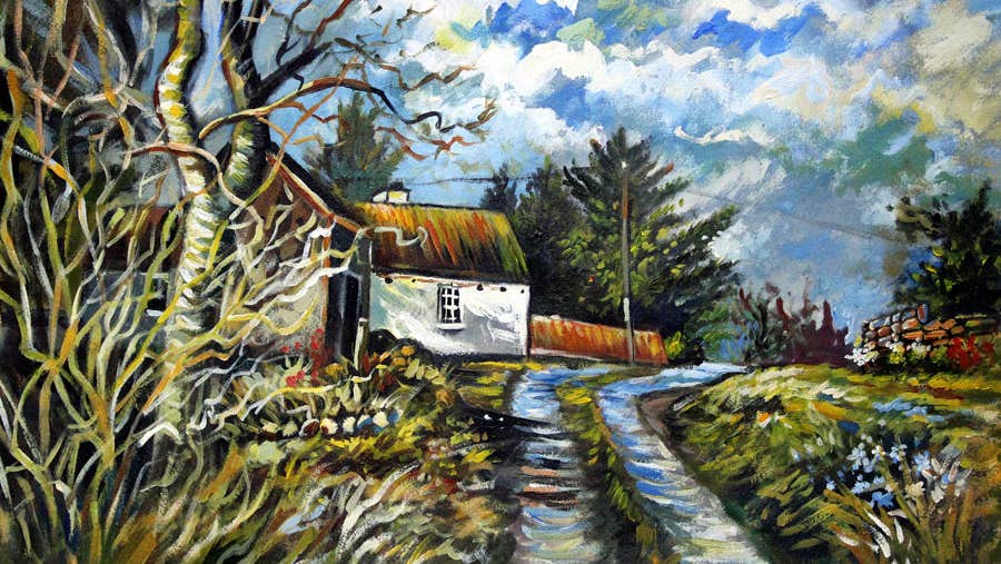 A painting depicting a rural Irish cottage in the countryside