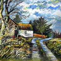 A painting depicting a rural Irish cottage in the countryside