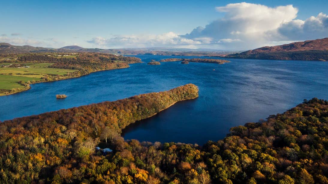 Aerial view of the forest at lake at Hazelwood in Sligo.