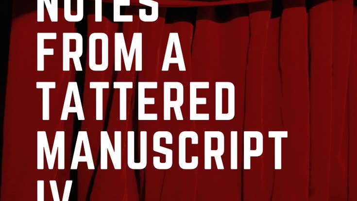 Block white event text against dark red curtains.