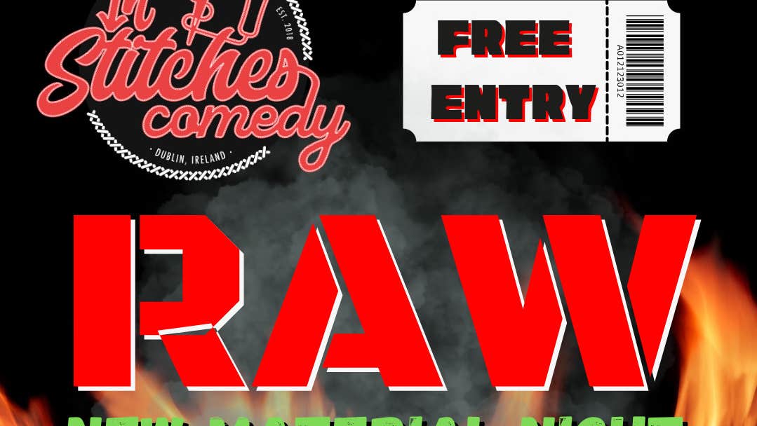 Event text in large red font, logo of comedy club against black background with flames along the bottom edge.