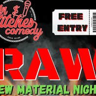 Event text in large red font, logo of comedy club against black background with flames along the bottom edge.