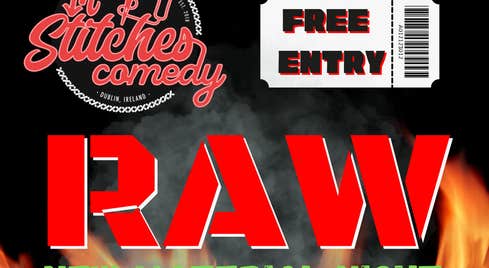 Event text in large red font, logo of comedy club against black background with flames along the bottom edge.