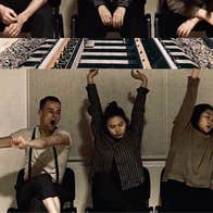 Station of Echoes – Fluid Tracks - Line of 3 seated people stretching in different directions