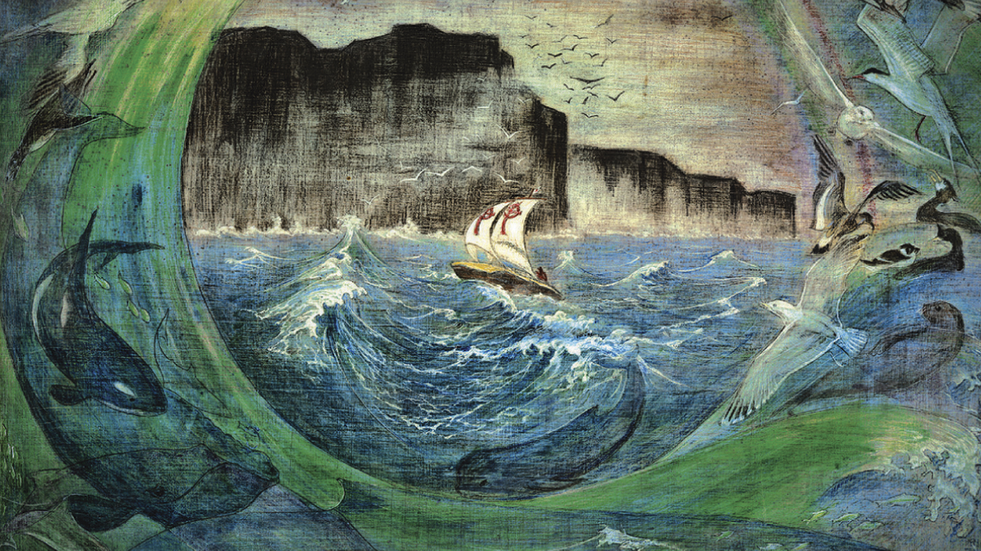 Painting of a small boat with 2 sails on a choppy sea with dark cliffs in the background.