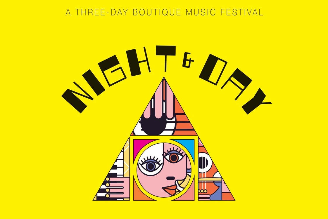 Triangle with face shape and other images of instruments in colourful shapes against yellow background with black text along the top.