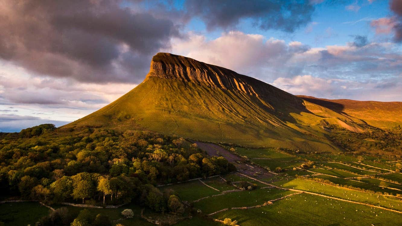 Aerial view of Benbulben and the surrounding Sligo countryside