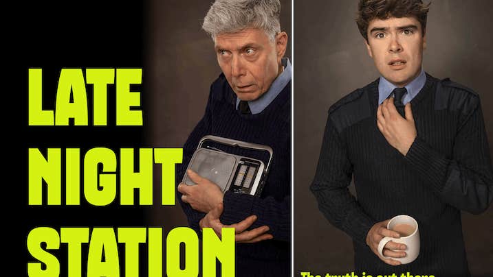 Part of poster with 2 men wearing security guard uniforms looking shocked or weary.