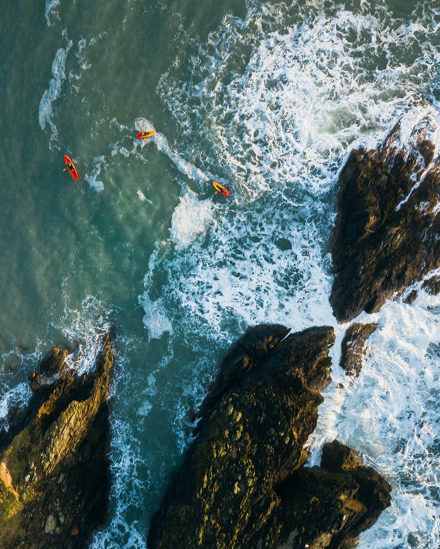 Aerial view of kayakers in the water at Hook Head.
