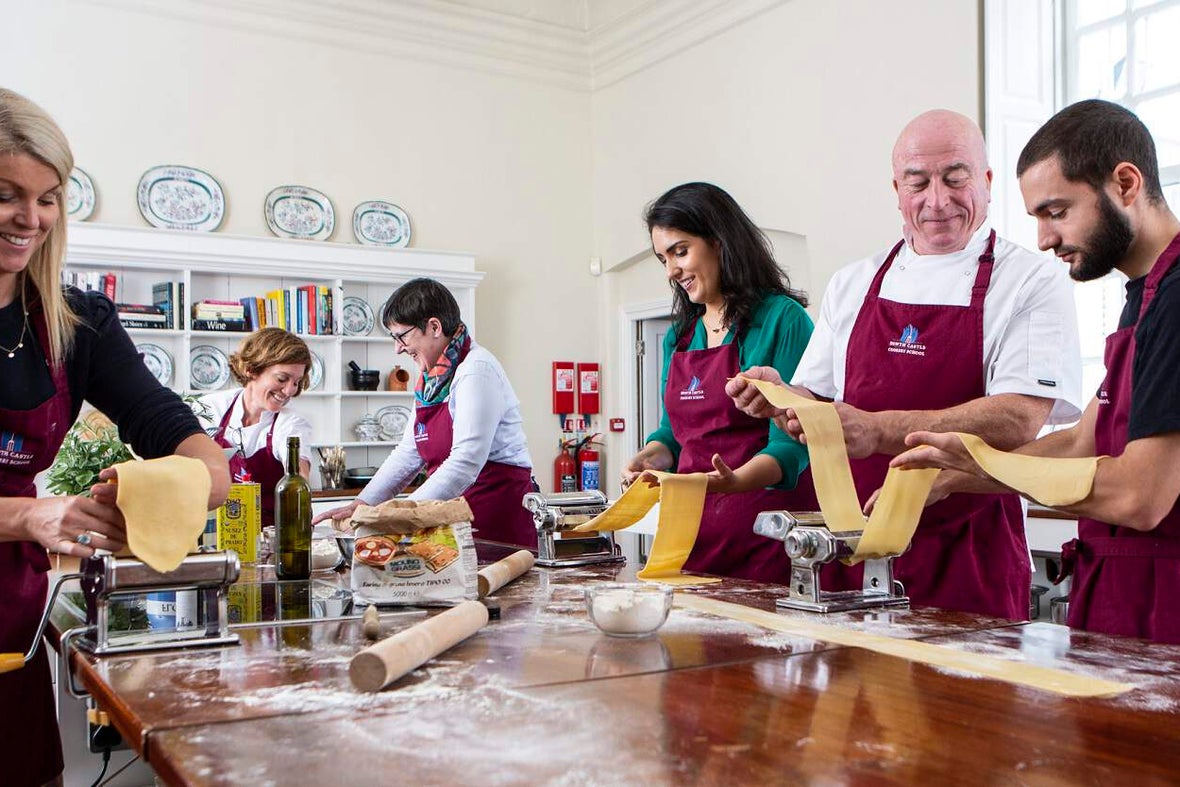 A cooking class in Howth making pasta.