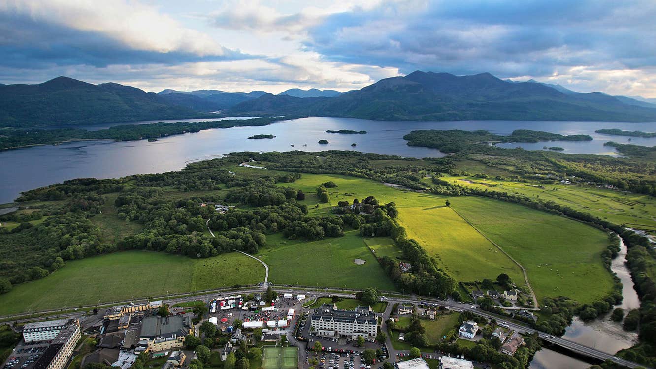 Aerial view of the Gleneagle Conferences and Events Centre with Killarney lakes in the background
