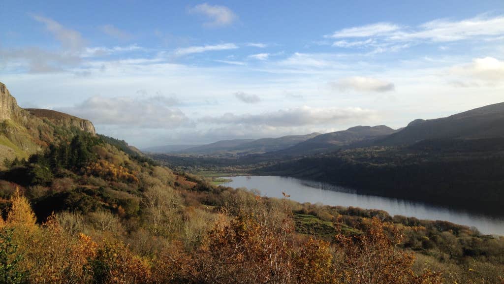 Aerial view of mountains and lake