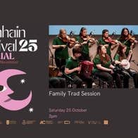 Poster for Samhain Festival 25 at VISUAL: Family Trad Session, group of young trad musicians seated and standing in lines whilst playing