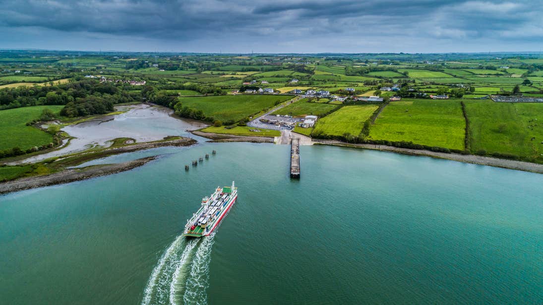 Aerial view of ferry on the Shannon Estuary.