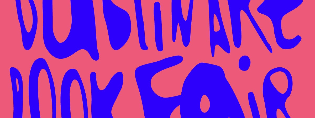 A pink graphic reads Dublin Art Book Fair in blue handwritten font that resembles spray paint.