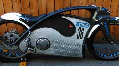 A customised motorcycle with flame art design at Bike on Board