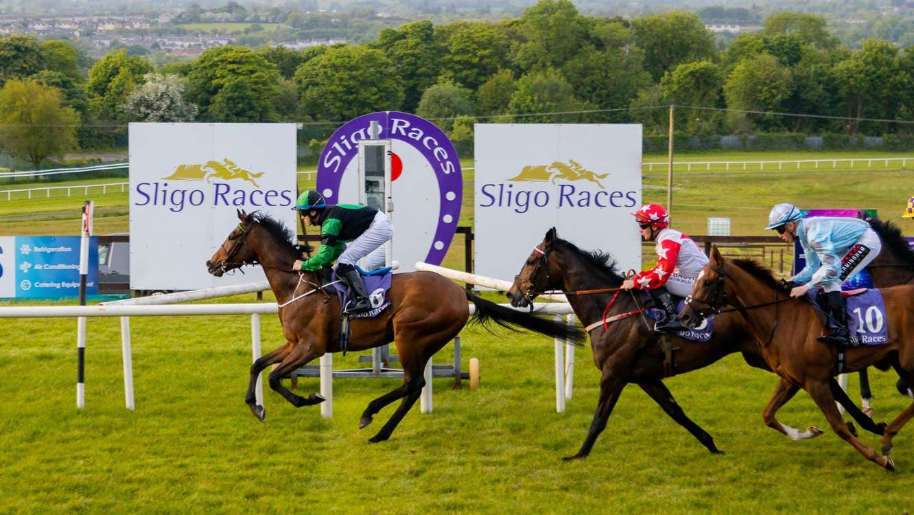 Horses pass the finish line at Sligo Racecourse