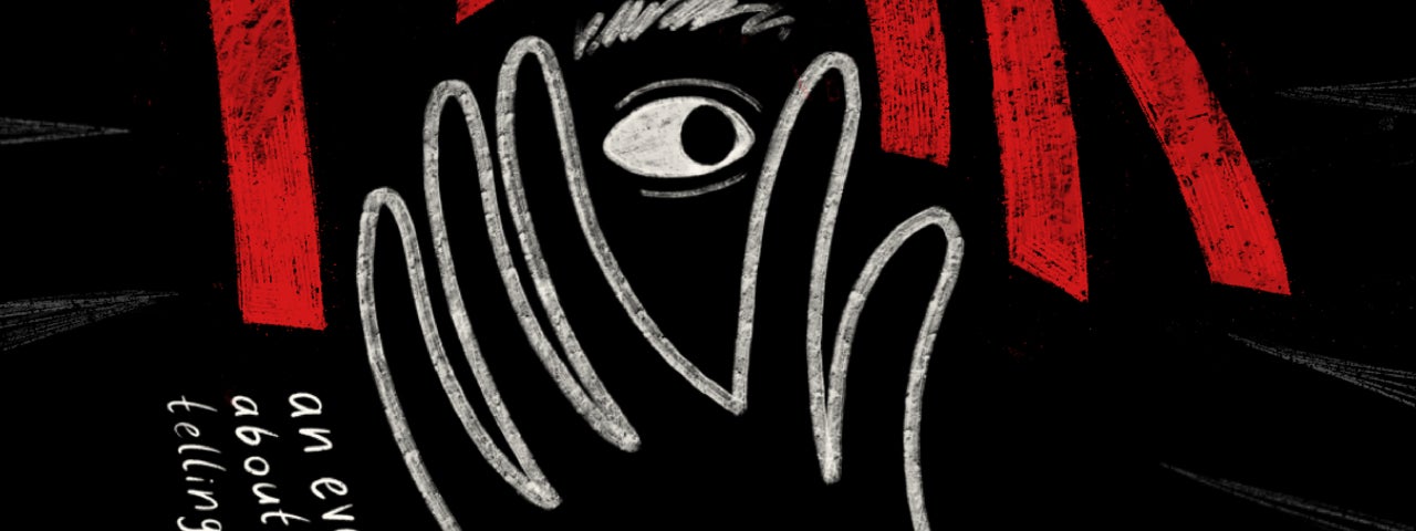 Poster: red brushstroke “FEAR” on black, with a white chalk hand covering a face and one frightened eye peeking through. Text: true stories about frights, phobias and telling your fears to feck off. Abbey Theatre, Sun 25 Oct, 6pm, €25–30.