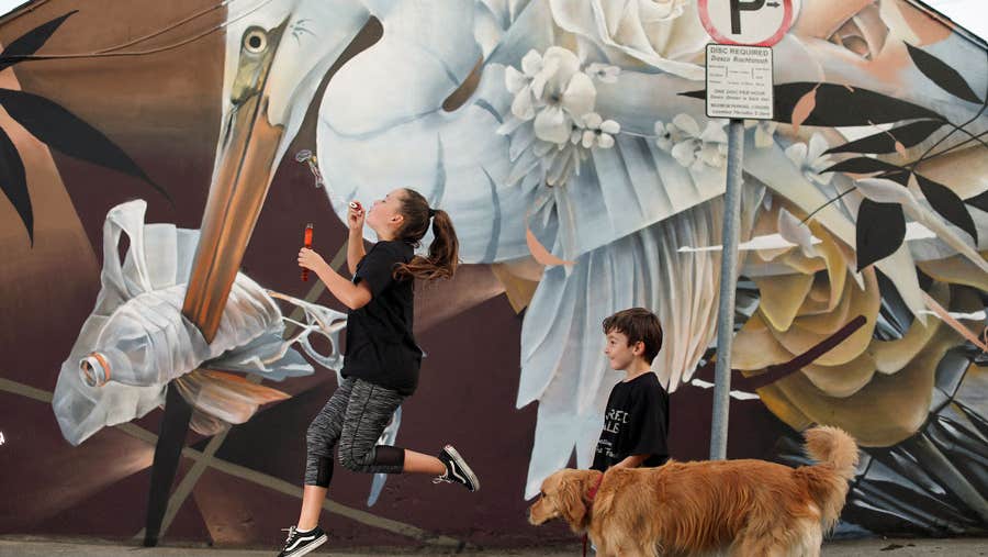 A boy girl and their dog pass by a mural on a wall in Waterford City