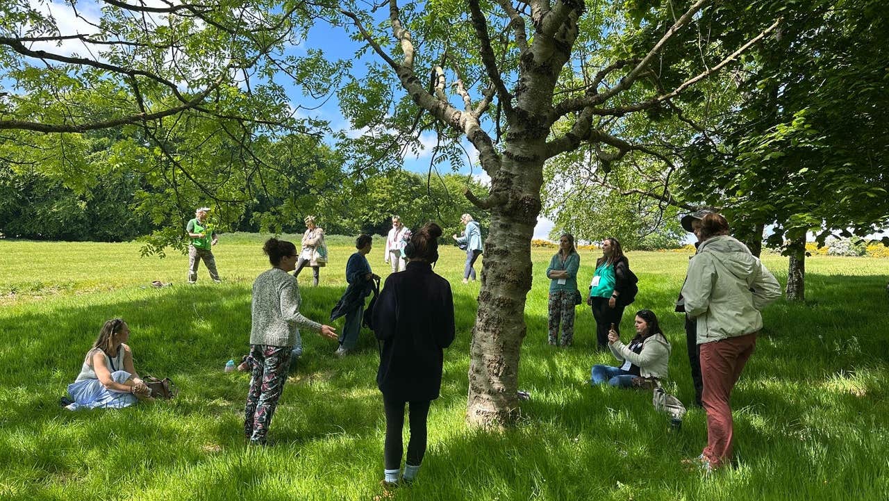 A group of people standing by a large tree