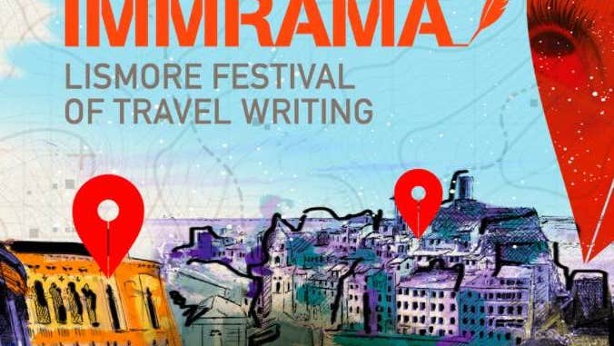 Drawn images of ancient buildings and towns with google map type red location markers scattered about.