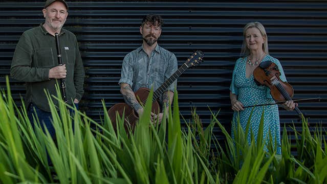 Three musicians standing in a line each holding a musical instrument with large, green blades of grass in the foreground.