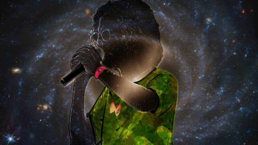 Faint image of person holding a mic in both hands