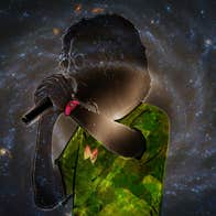 Faint image of person holding a mic in both hands