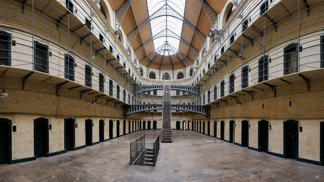 Interior shot of the main stairs in Kilmainham Gaol in Dublin.