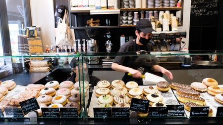 Rows of doughnuts for sale at the counter in a doughnut shop