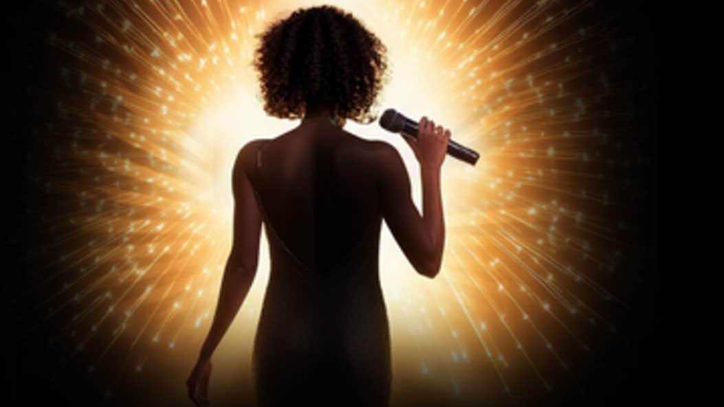 Silhouette of woman holding mic lit by halo of bright yellow light