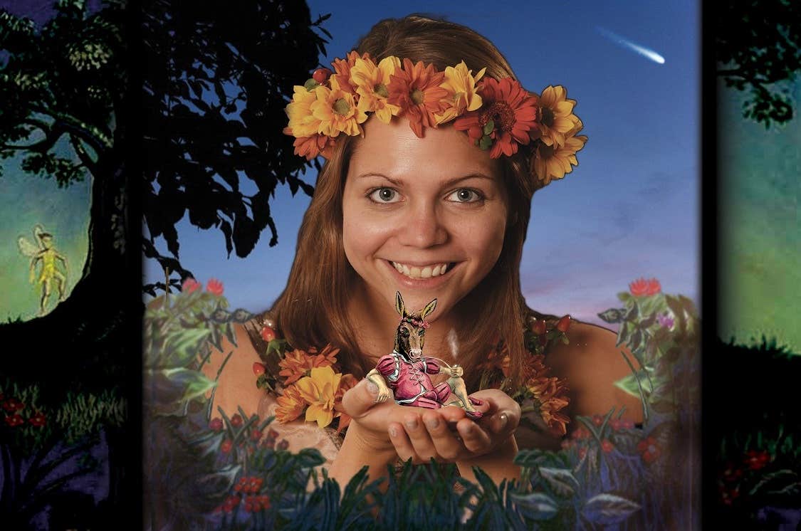 A smiling woman with band of large yellow and pink flowers around her head has both hands outstretched cupped together holding a small image of a donkey reclining, dressed in a red suit, all against night sky with silhouette of a tree.
