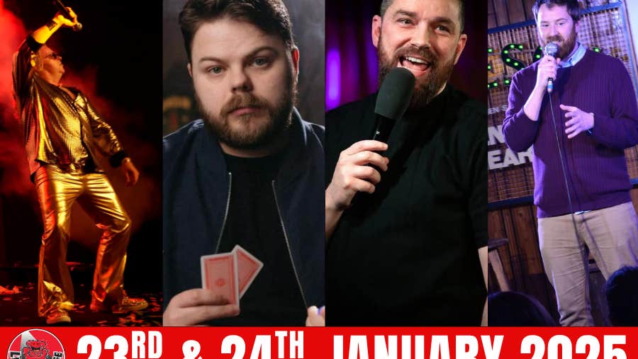 4 different pictures of comedians holding mics.