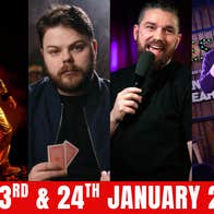 4 different pictures of comedians holding mics.