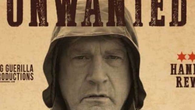 Headshot of an older man with a hood on and the words unwanted written above him, all in dull yellow style of wanted posters