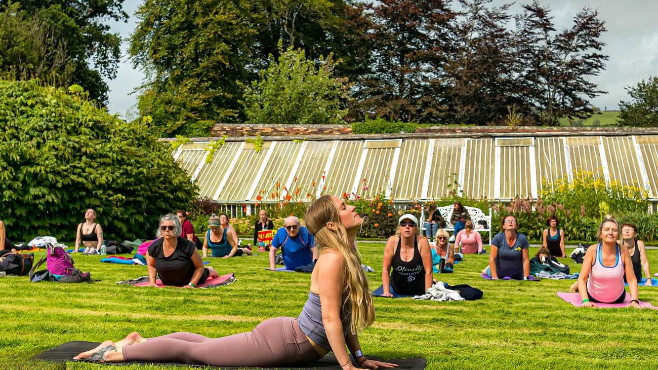 People spread out across a lawn on yoga mats in a yoga pose with long green house in the background.