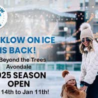 A adult and small child on an ice rink in wooly hats.