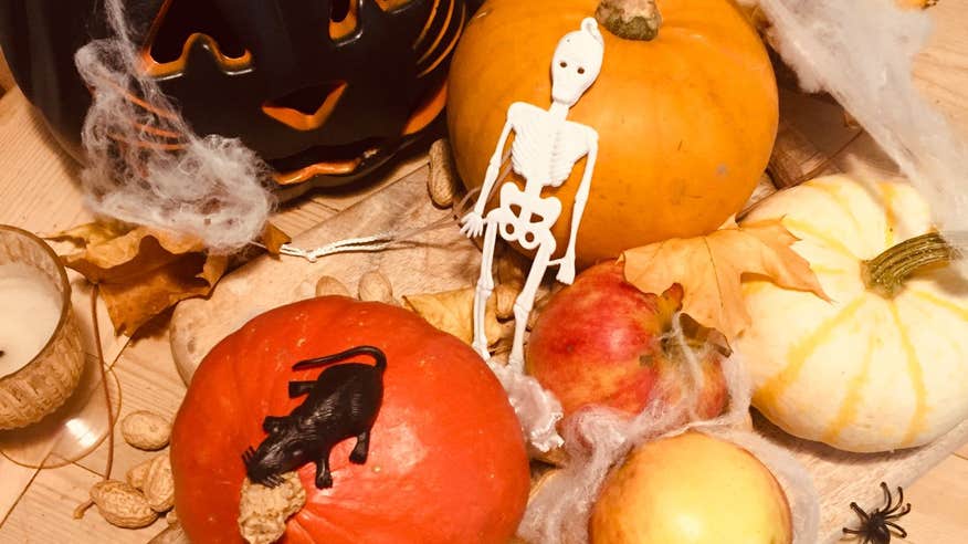 Pumpkins, apples and Halloween decorations